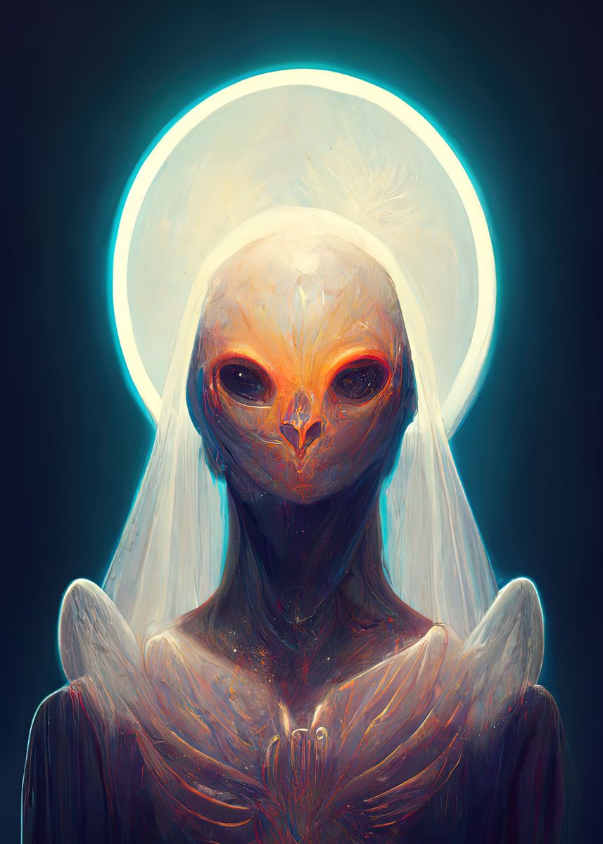 non-human creature with large black eyes and wings surrounded by a white glowing light