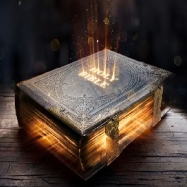 glowing book titled Holy Bible