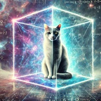 half white and half black cat sitting in a 3 D cube with colorful light all around